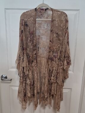 Beige Floral Sheer Ruffle Kimono Jacket